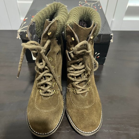 Envy Hello Lace up Suede two tone sweater collar Olive Bootie - Size 7.5 - Picture 6 of 12